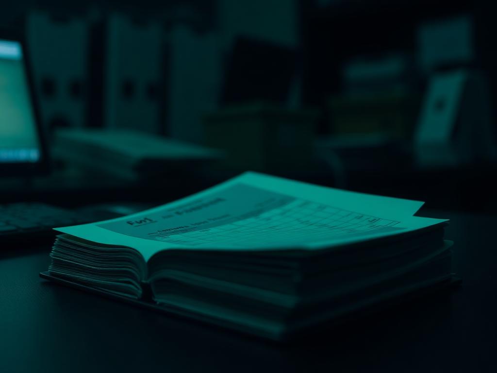 Ledger desk with payroll records and a calculator
